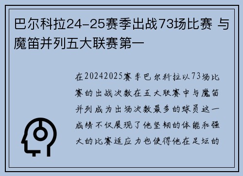 巴尔科拉24-25赛季出战73场比赛 与魔笛并列五大联赛第一