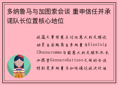 多纳鲁马与加图索会谈 重申信任并承诺队长位置核心地位